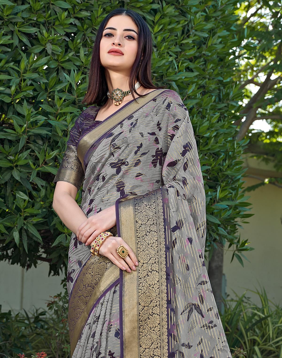 Light Grey Ethnic Motifs Dola Silk Saree