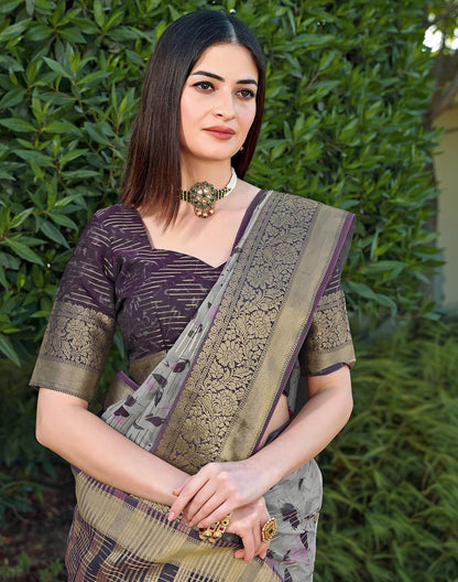 Light Grey Ethnic Motifs Dola Silk Saree