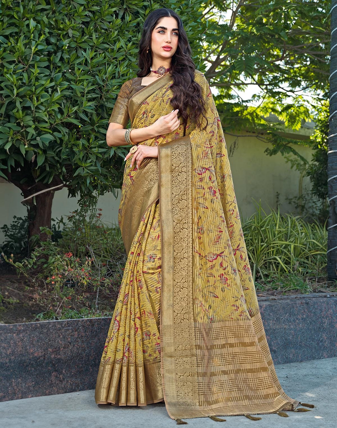 Digital Foral Print Light Yellow Dola Silk Saree