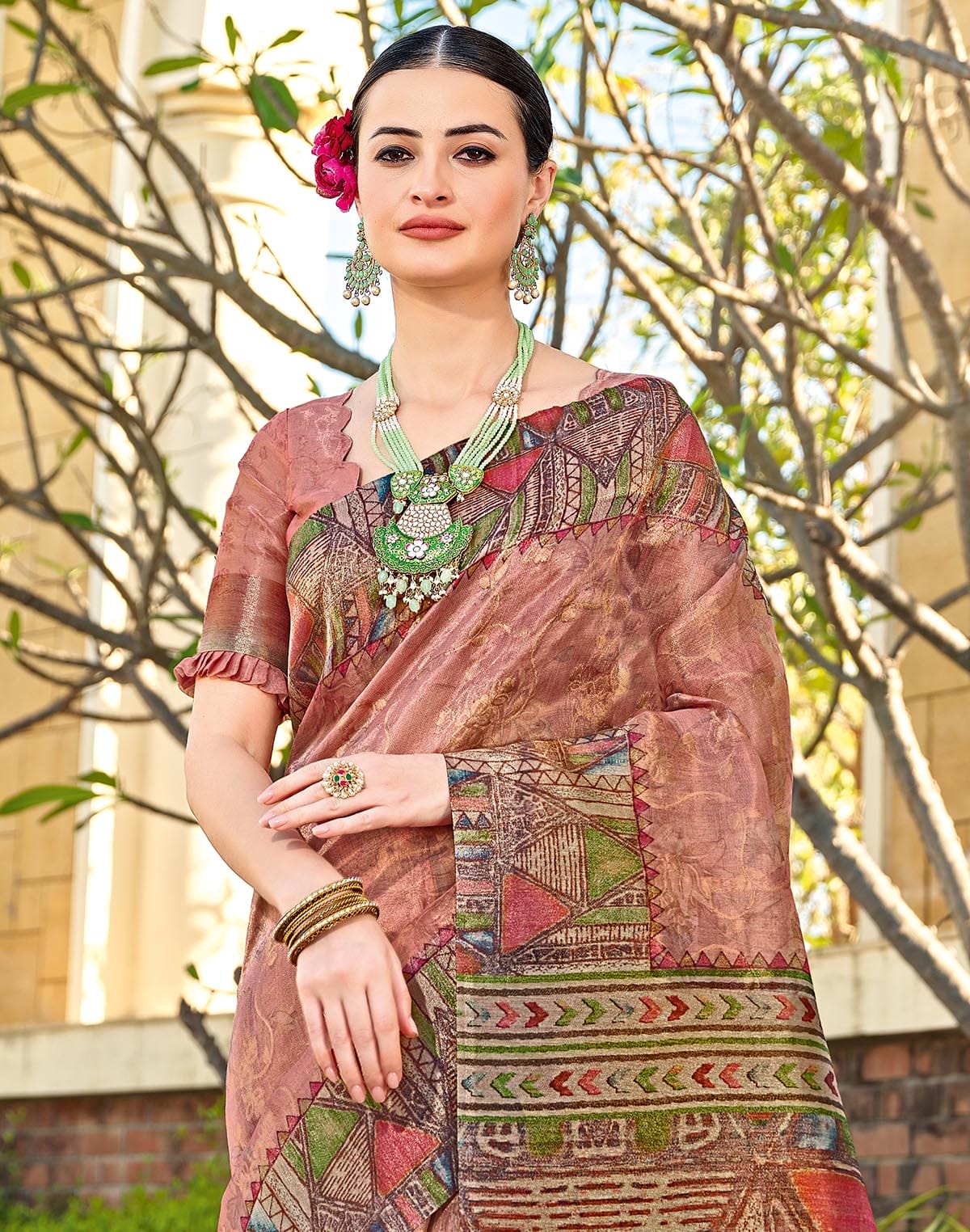 Peach Zari Woven Tissue Saree