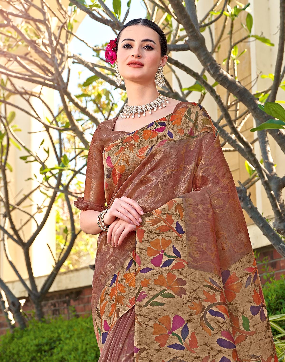 Tissue digital print Light Orange Saree