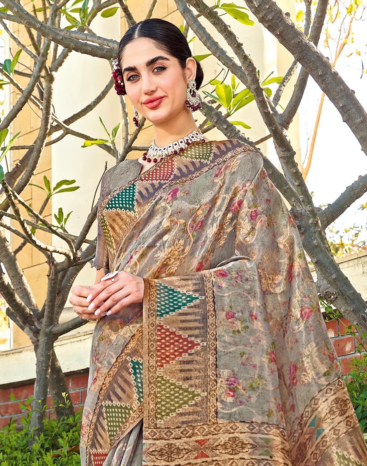 Digital Printed Grey Tissue Saree