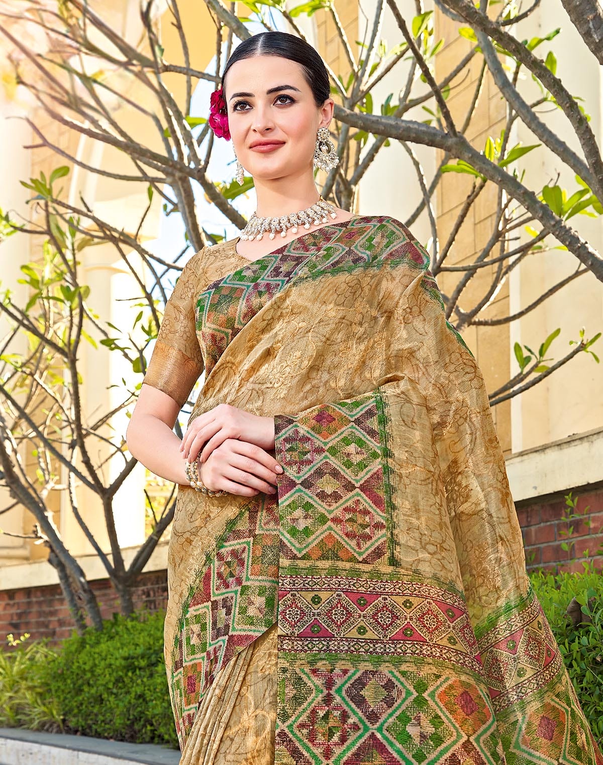 Gold all over Self Floral Print Tissue Saree