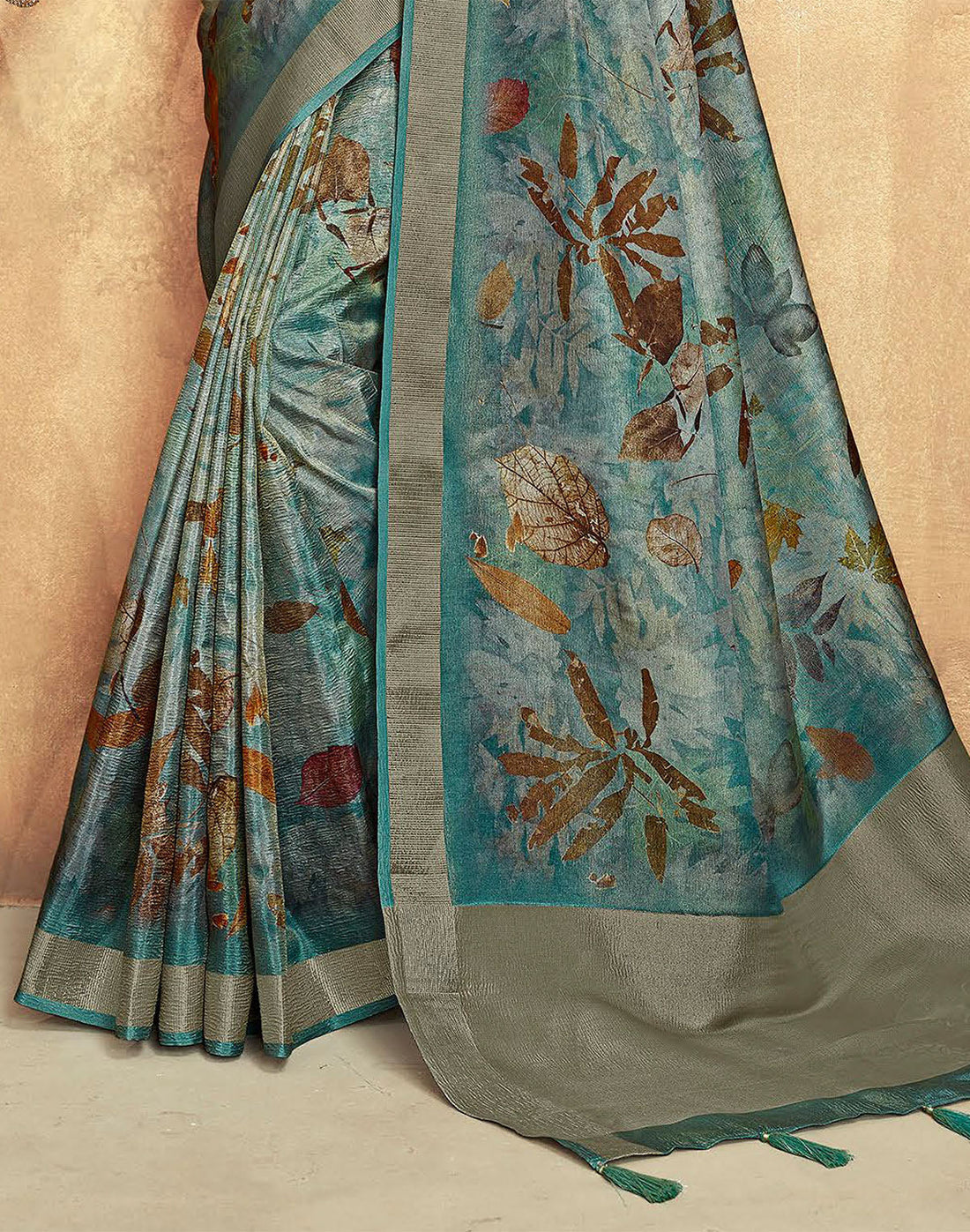 Teal Blue Botanical Print Dola Silk Saree