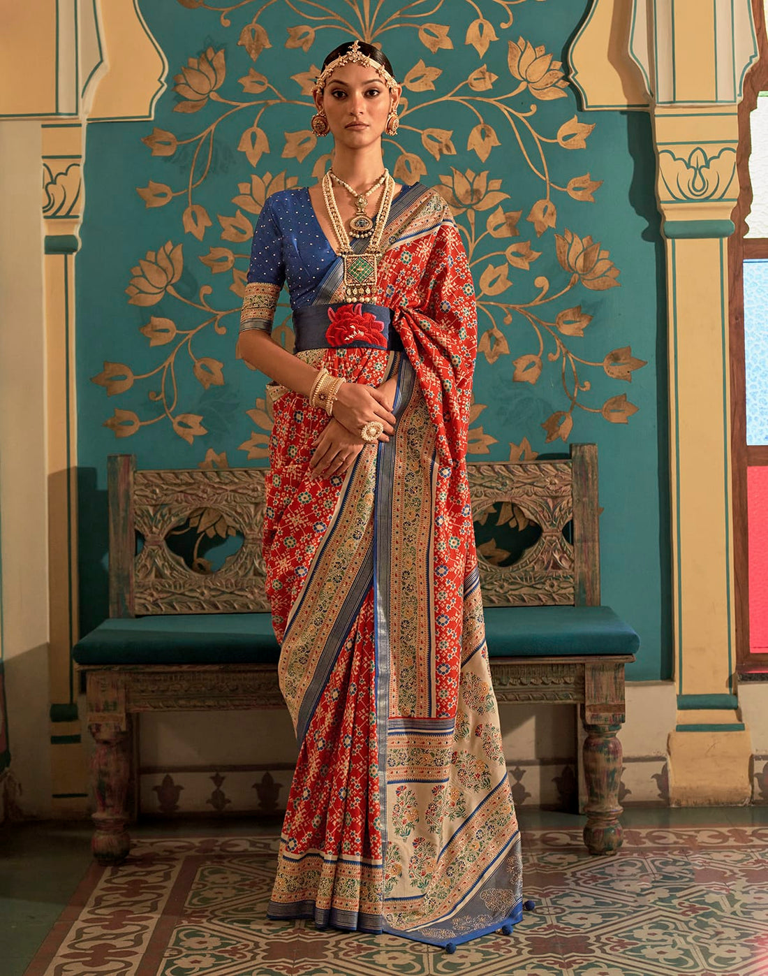 Dark Orange Ikat Print Soft Patola Silk Saree