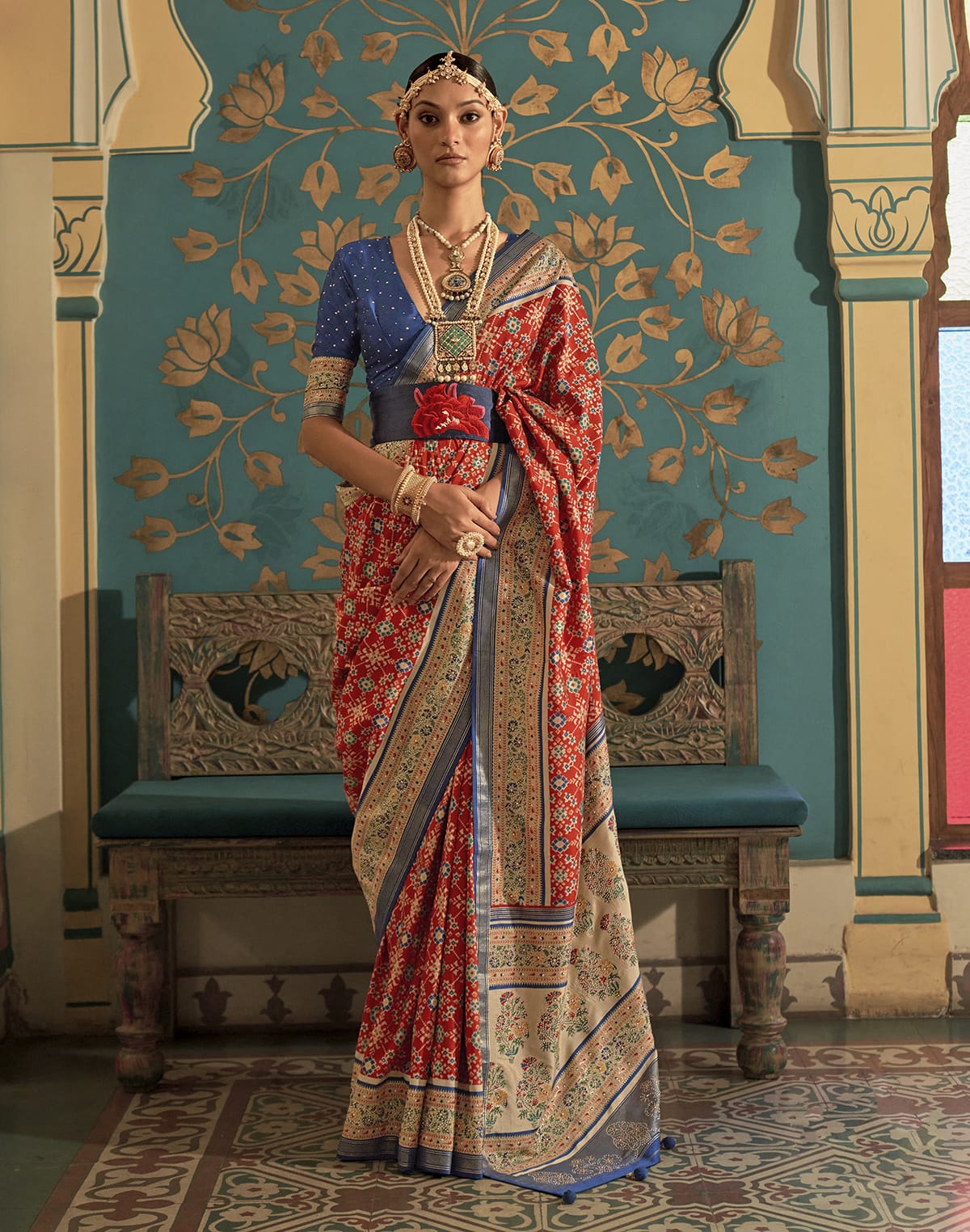 Dark Orange Ikat Print Soft Patola Silk Saree