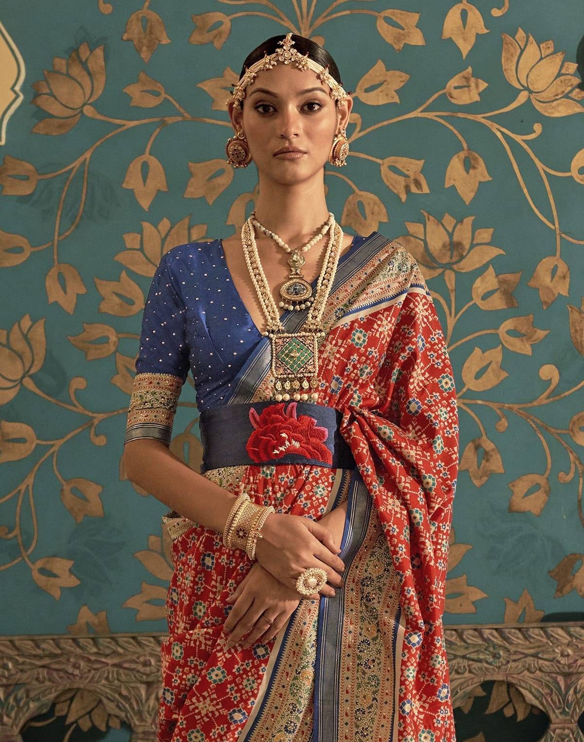 Dark Orange Ikat Print Soft Patola Silk Saree