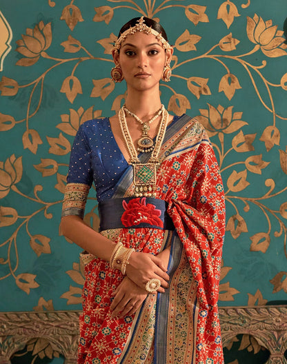 Dark Orange Ikat Print Soft Patola Silk Saree