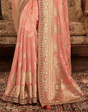 Peach Floral Design Dola Silk Saree With Work Blouse