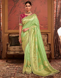 Pista Green Designer Dola Silk Saree With Embroidery Work Blouse