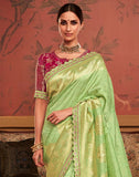 Pista Green Designer Dola Silk Saree With Embroidery Work Blouse