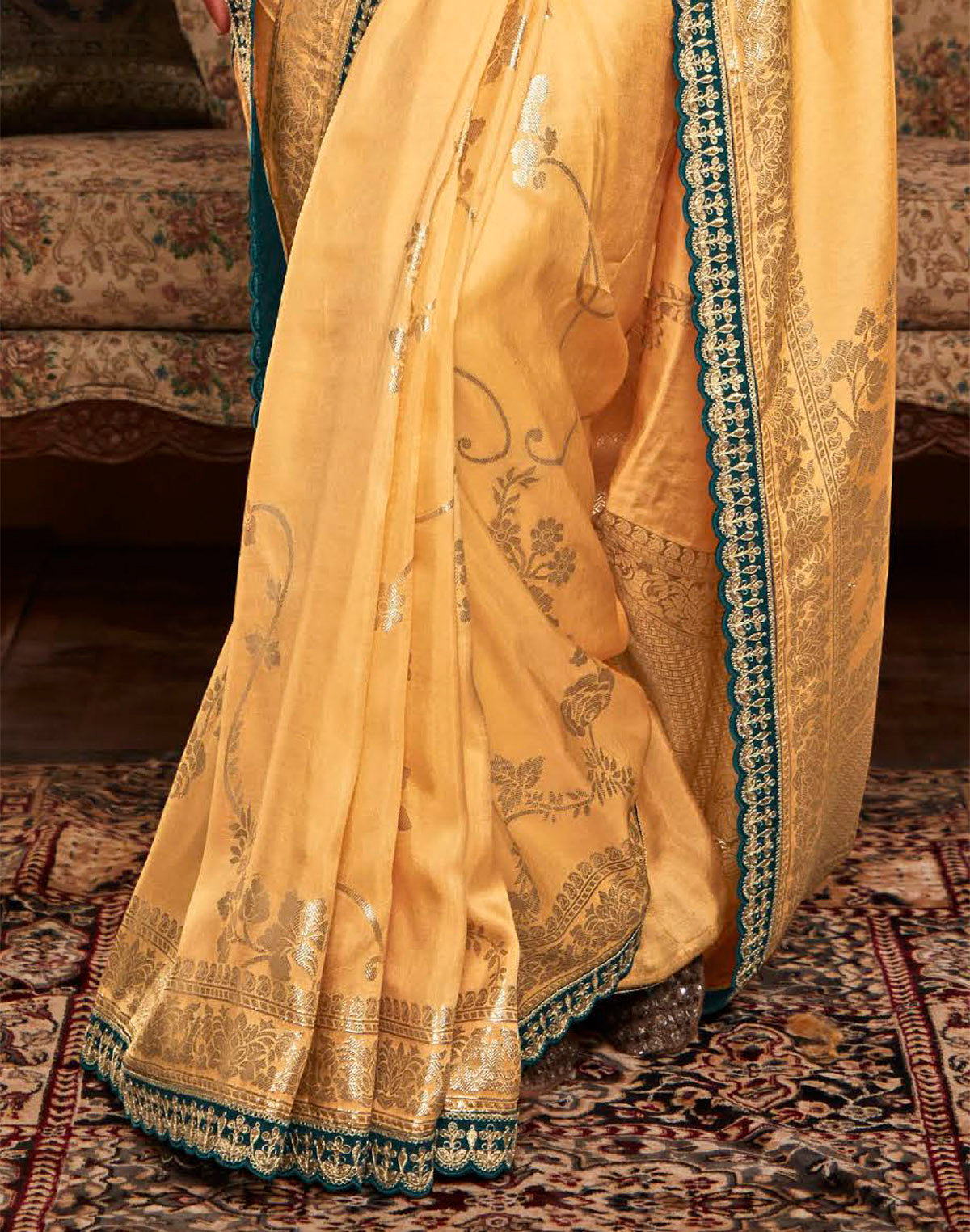 Light Yellow Floral Design Dola Silk Saree With Embroidered Blouse