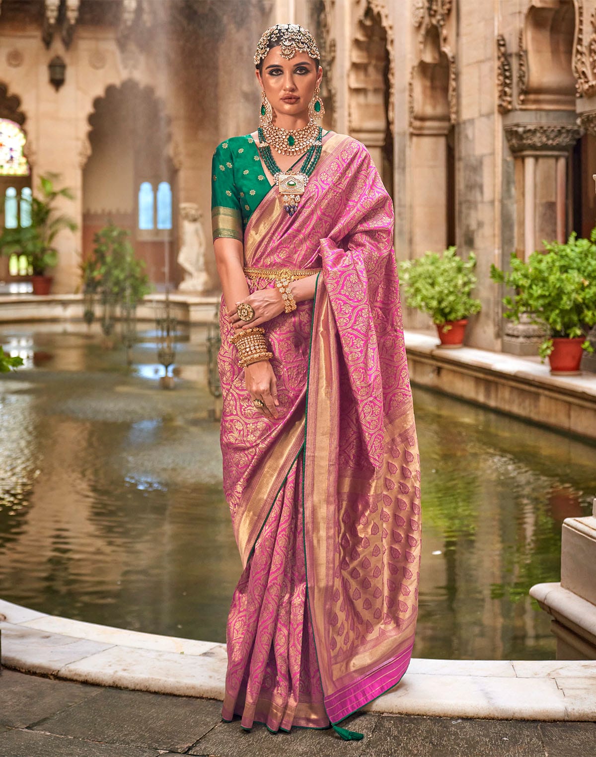 Pink Banaras Patola Silk Saree with Contrast Blouse