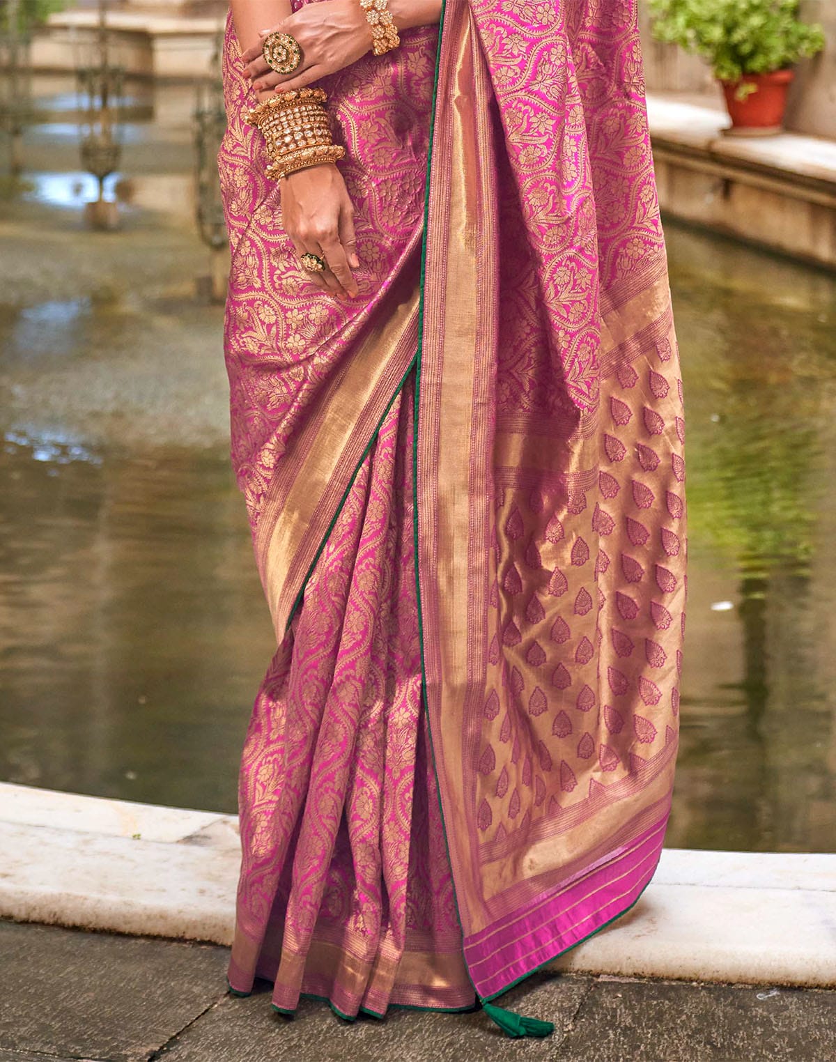 Pink Banaras Patola Silk Saree with Contrast Blouse