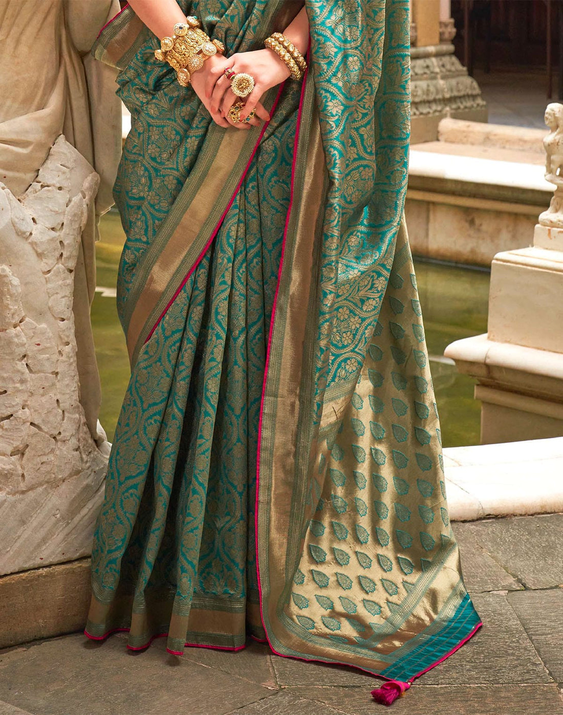 Teal Green Floral Banaras Patola Silk Saree