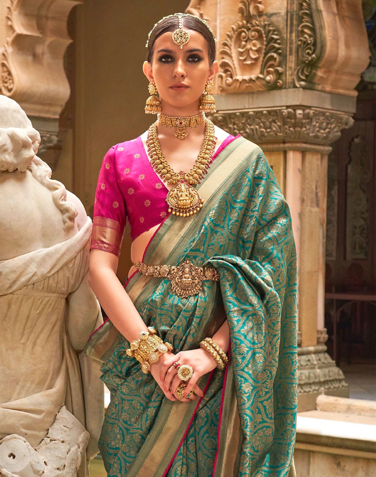 Teal Green Floral Banaras Patola Silk Saree