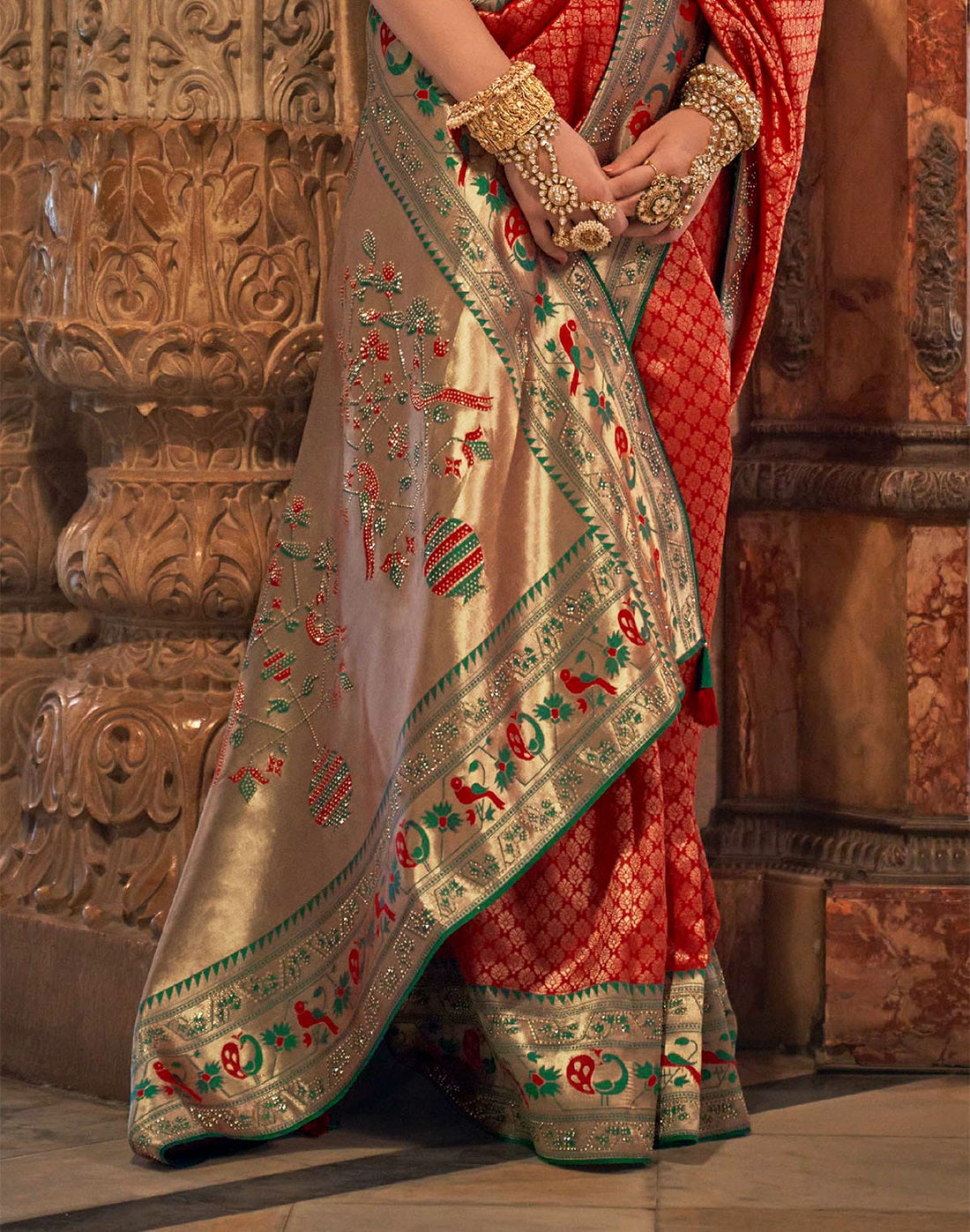 Red Coloured Stylish Banaras Silk Stones work Brocade Saree