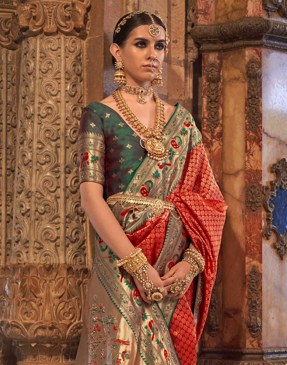 Red Coloured Stylish Banaras Silk Stones work Brocade Saree