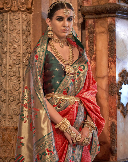 Red Coloured Stylish Banaras Silk Stones work Brocade Saree