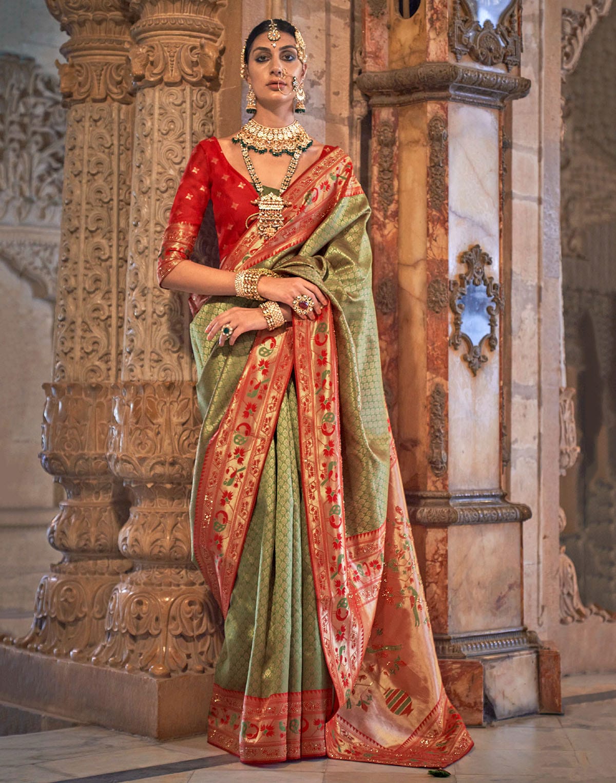 Mehendi Green Banaras Silk Stones work Contrast Saree