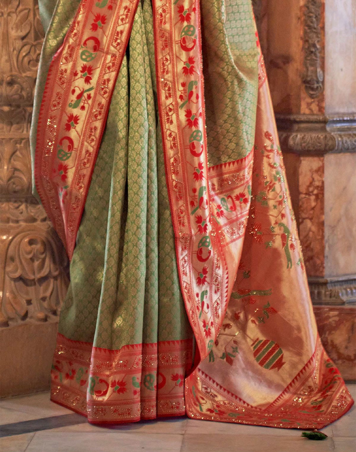 Mehendi Green Banaras Silk Stones work Contrast Saree