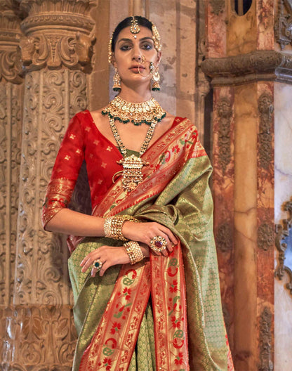 Mehendi Green Banaras Silk Stones work Contrast Saree