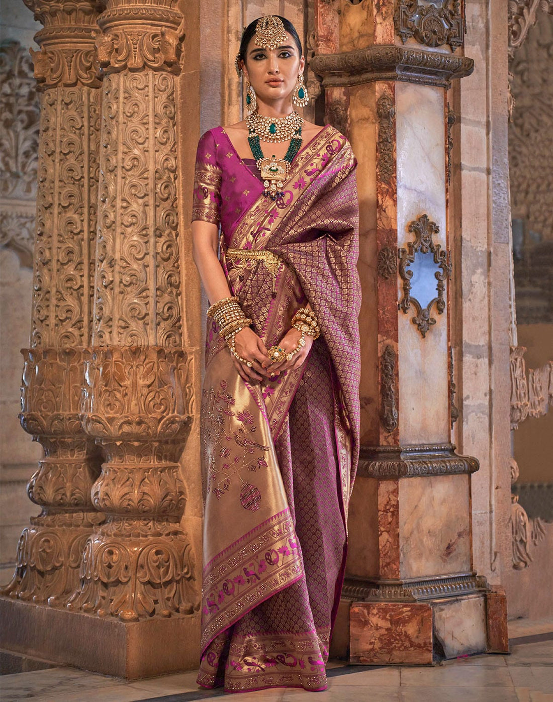 Purple Stones work Banaras Silk Traditional Saree