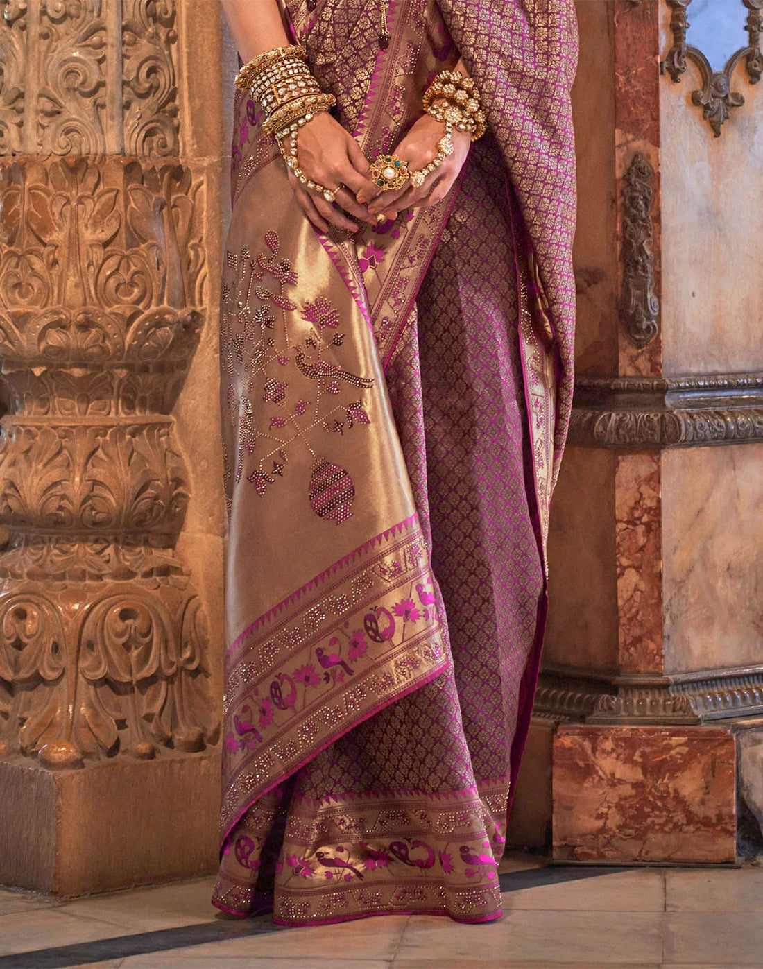 Purple Stones work Banaras Silk Traditional Saree