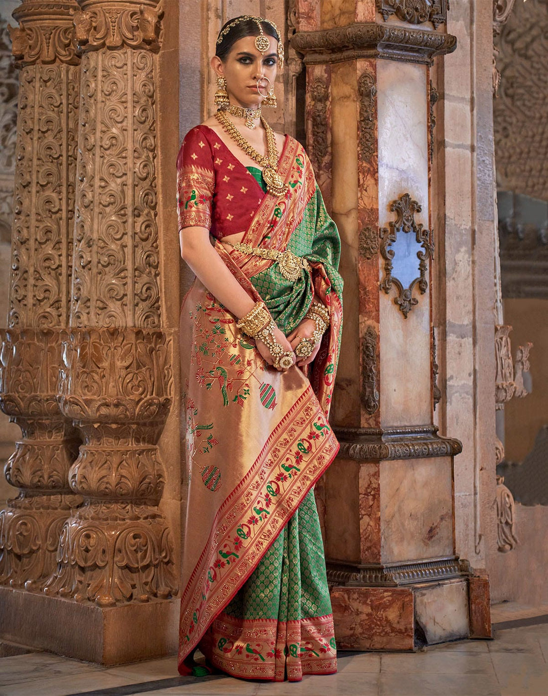 Green and Maroon Brocade Banaras Silk Stones work Saree