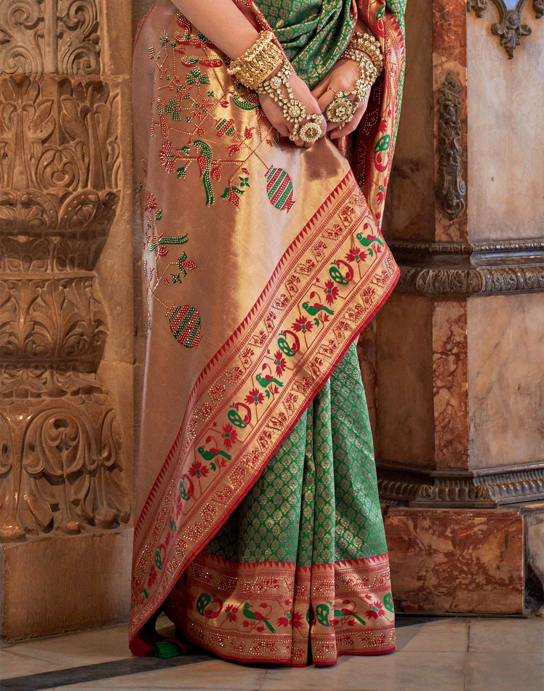 Green and Maroon Brocade Banaras Silk Stones work Saree