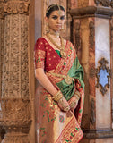 Green and Maroon Brocade Banaras Silk Stones work Saree