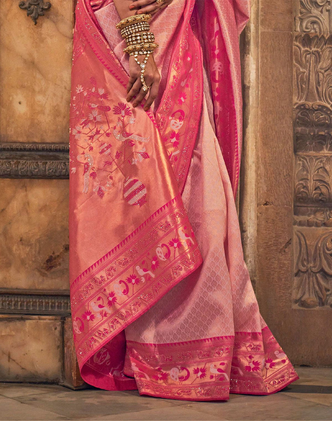 Light Pink Brocade weaving Banaras Silk Stones Saree