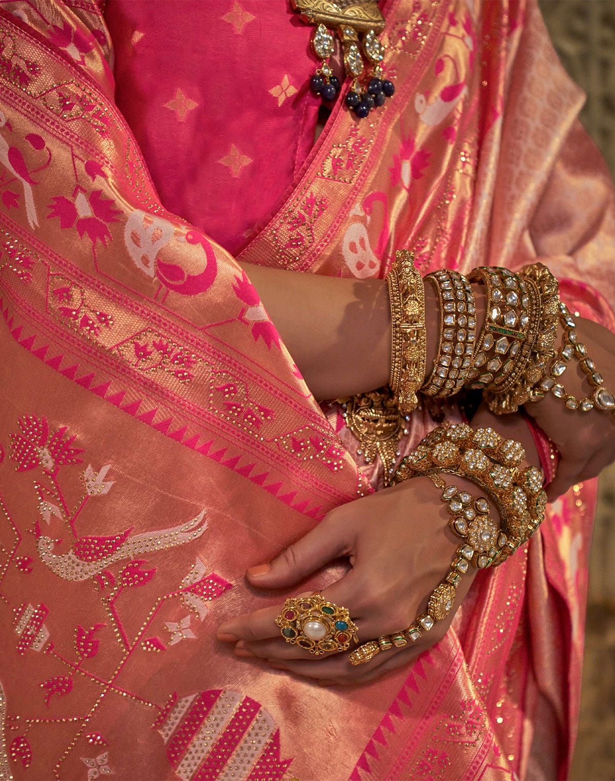 Light Pink Brocade weaving Banaras Silk Stones Saree