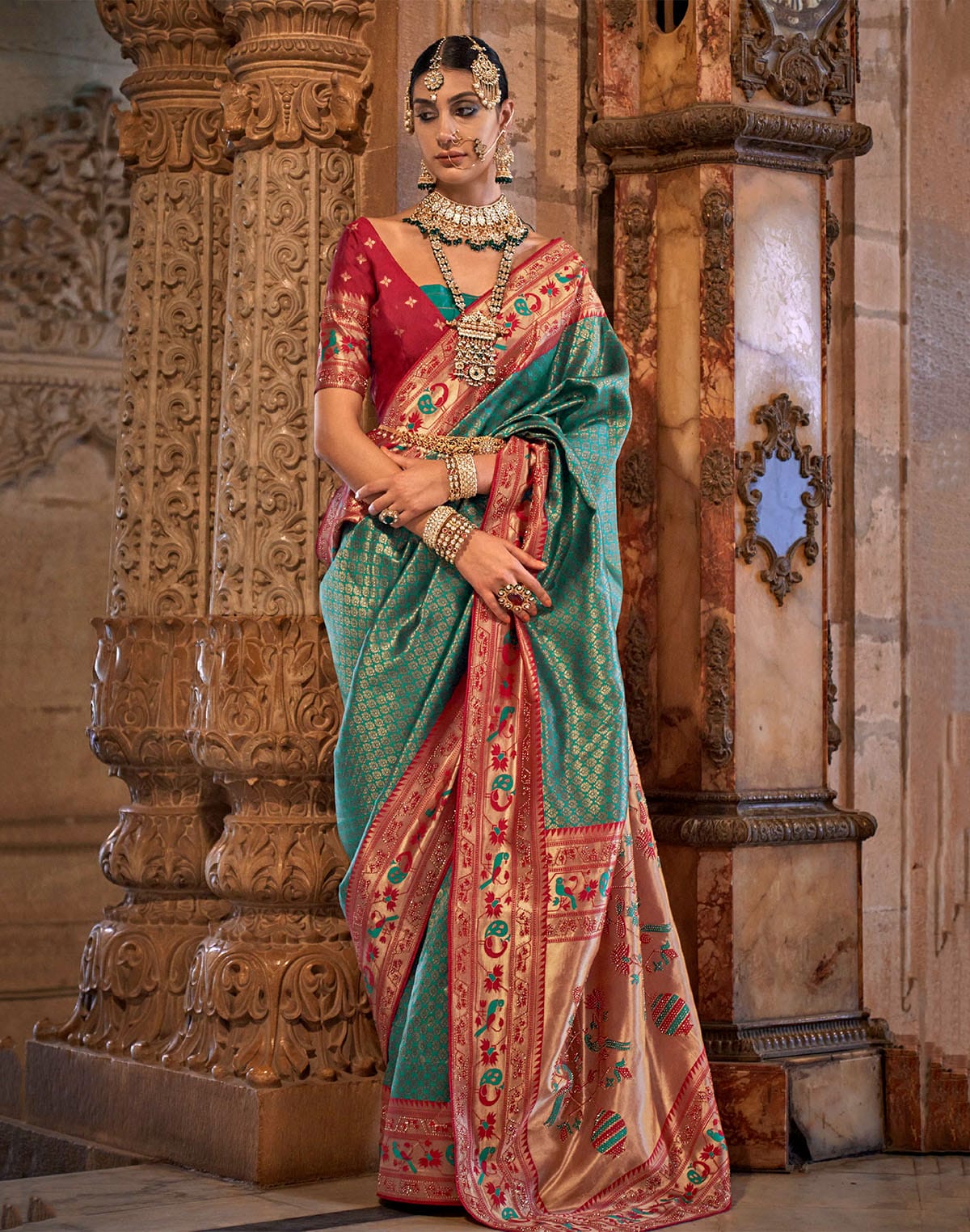 Turquoise Banaras Silk Brocade weaving Saree