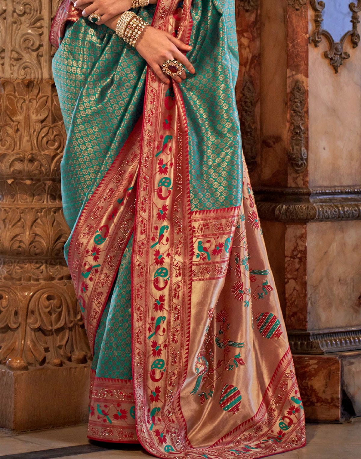 Turquoise Banaras Silk Brocade weaving Saree