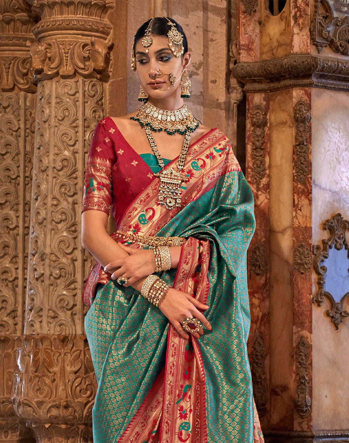 Turquoise Banaras Silk Brocade weaving Saree