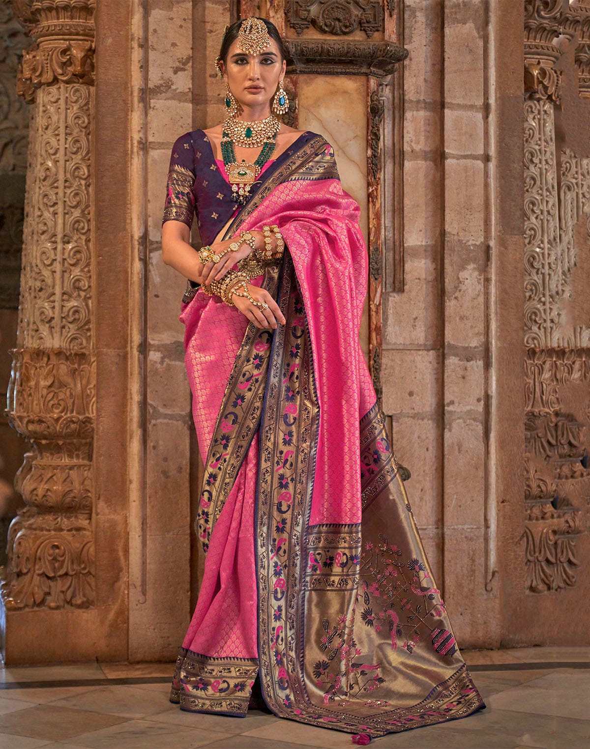 Pink Brocade design Banaras Silk Stone work Saree