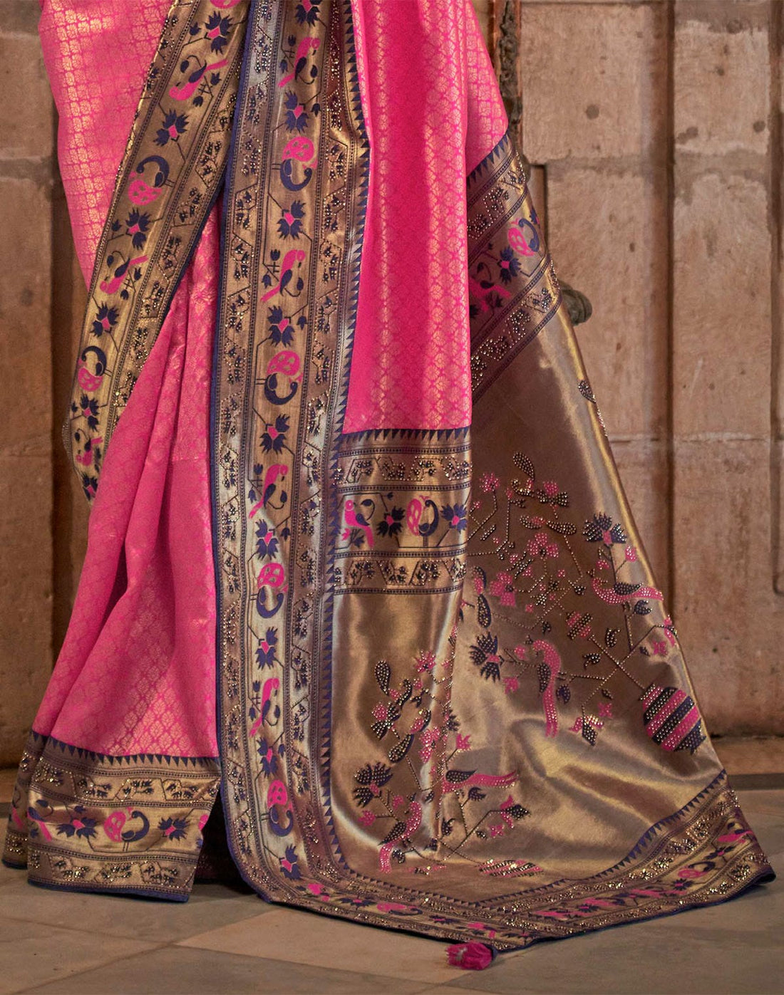 Pink Brocade design Banaras Silk Stone work Saree