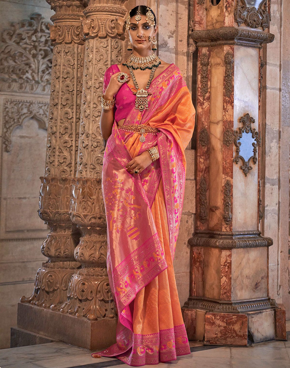 Orange Banaras Silk Party Wear Stones work Saree