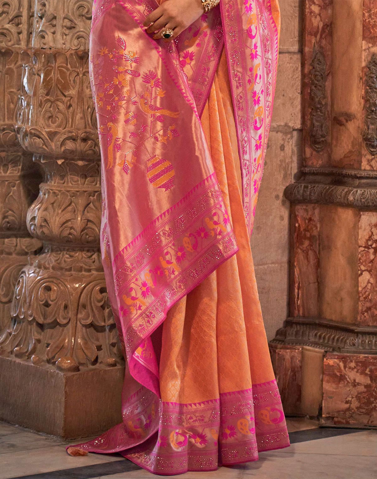 Orange Banaras Silk Party Wear Stones work Saree