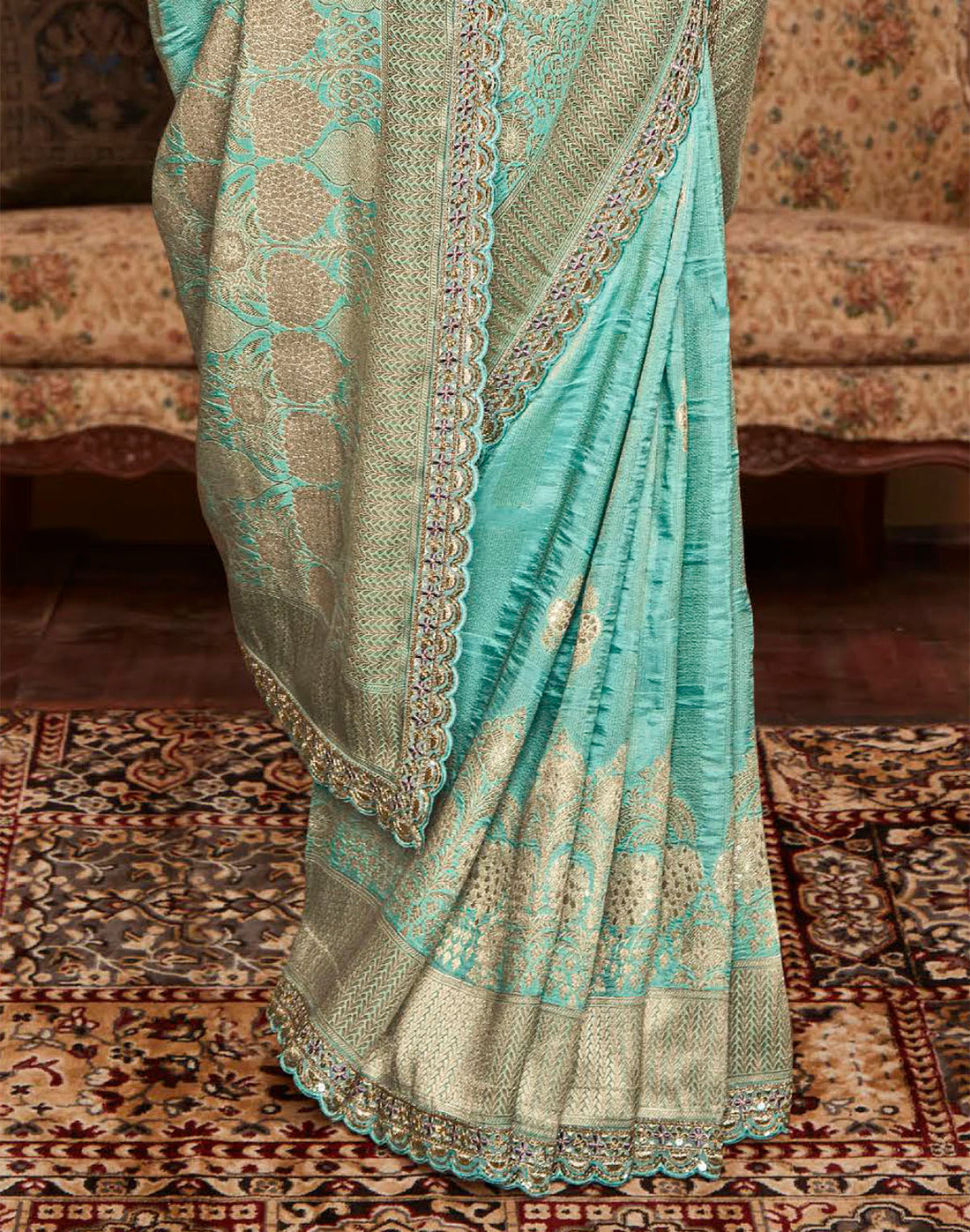 Sea Green Banarasi Designer Dola Silk Saree With Embroidered Blouse