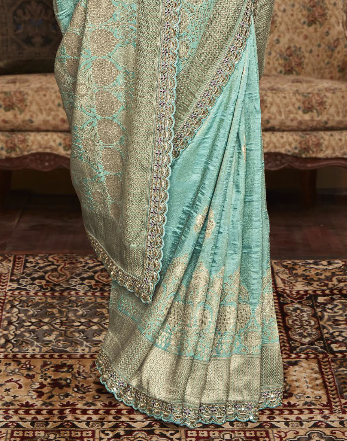 Sea Green Banarasi Designer Dola Silk Saree With Embroidered Blouse