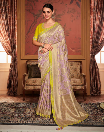 Light Purple Woven Design Fancy Lace Border Dola Silk Saree