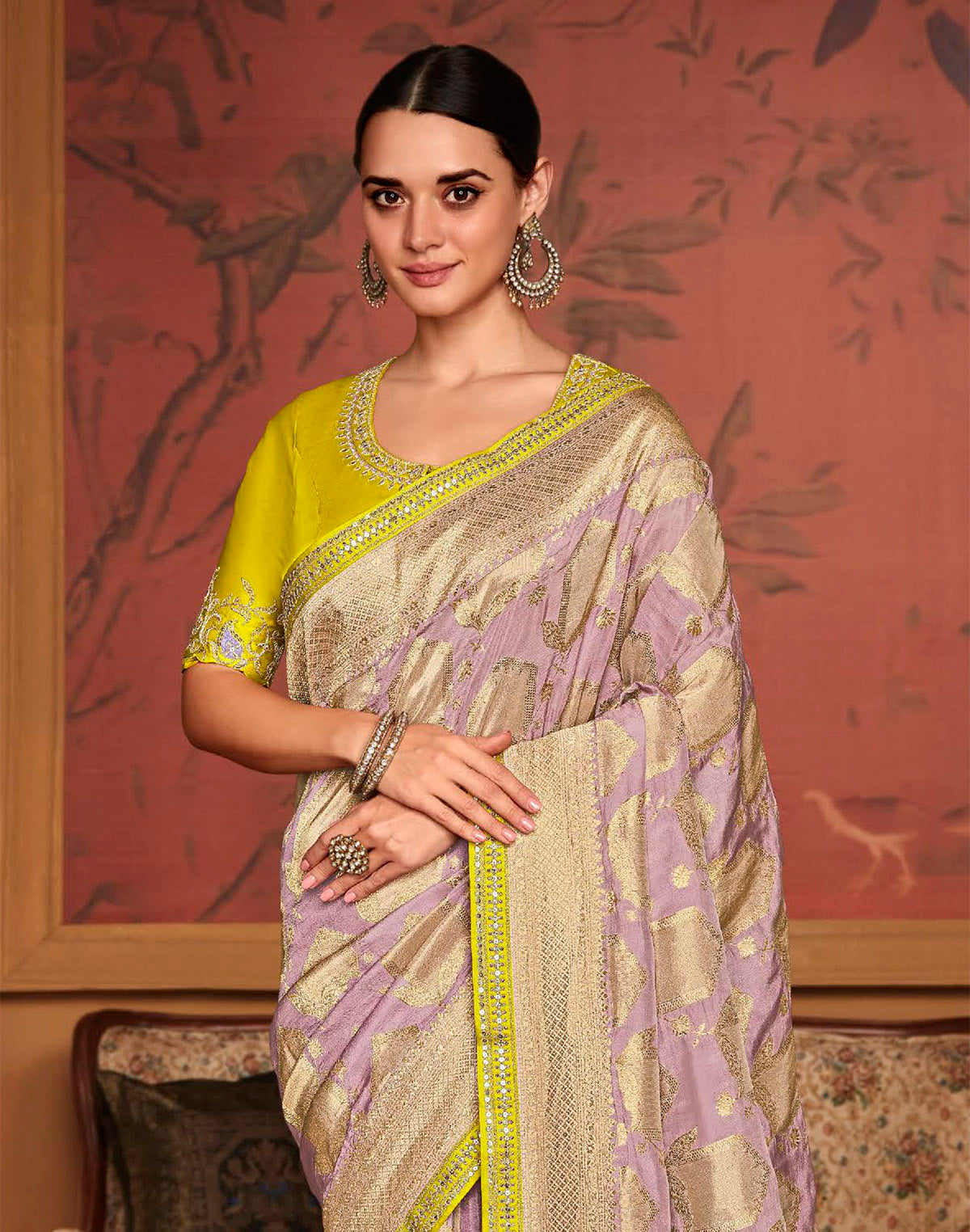 Light Purple Woven Design Fancy Lace Border Dola Silk Saree