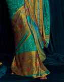 Green Brasso Silk Saree With Raw Silk Embroidered Yellow Blouse