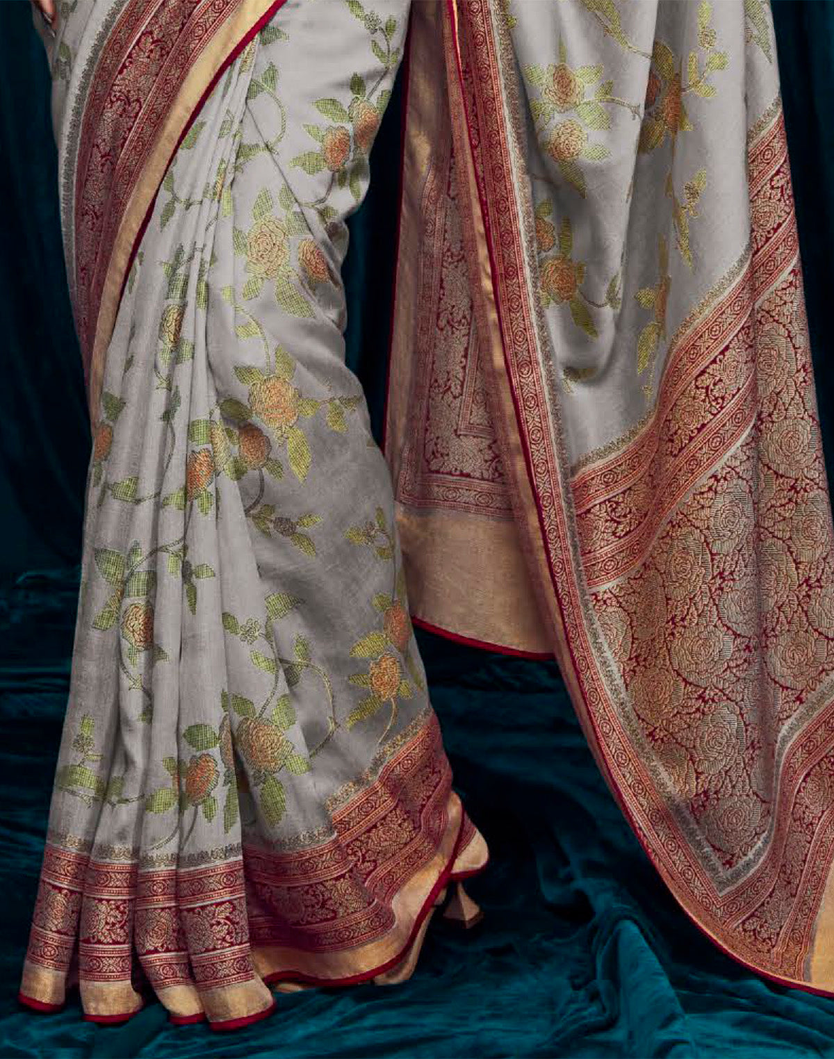 Light Grey Floral Brasso Silk Saree With Red Coloured Designer Blouse