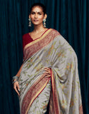 Light Grey Floral Brasso Silk Saree With Red Coloured Designer Blouse