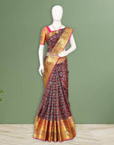 Brown Floral Silver and Golden Zari Silk Saree