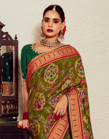 Brasso Floral Design Mehendi Green Designer Saree