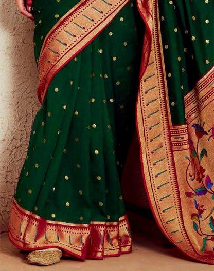 Dark Green  Brasso Silk Paithani Saree With Embroidered Blouse